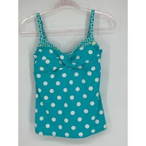 Athleta Polka Dot Tankini Swim Top Twist Front Shelf Bra Turquoise Size 10